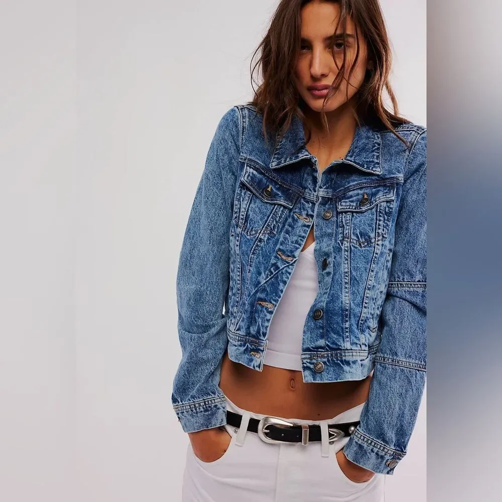 Free People Denim Jacket sz S Boho Western Layering Beach Coastal Preppy - Picture 3 of 16